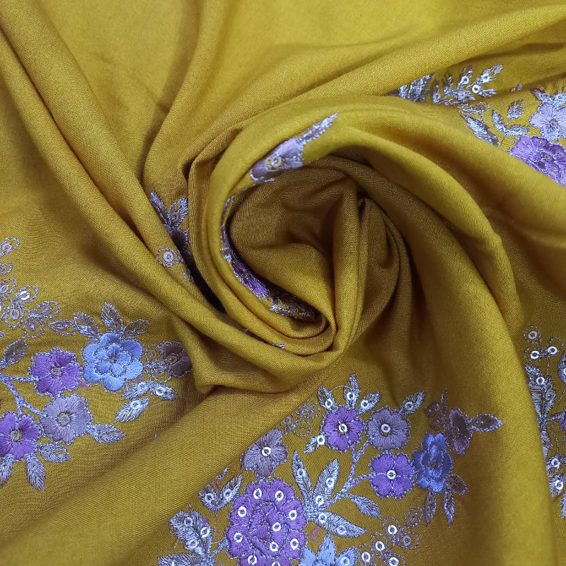 Mustard Yellow Silk Embroidery Floral Buttas Fabric