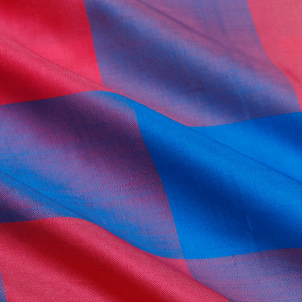 Blue- Pink Silk Fabric With Checks Pattern