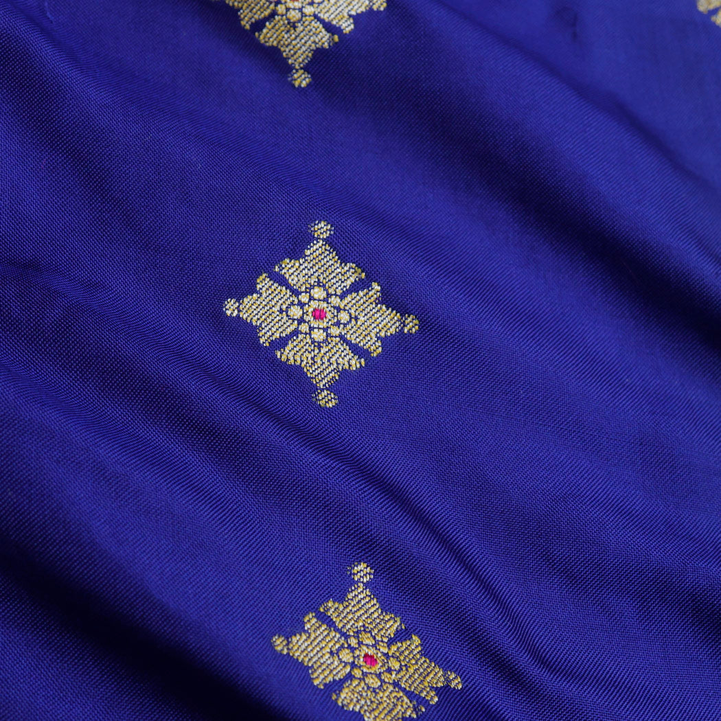 Dark Blue Silk Fabric With Floral Buttis