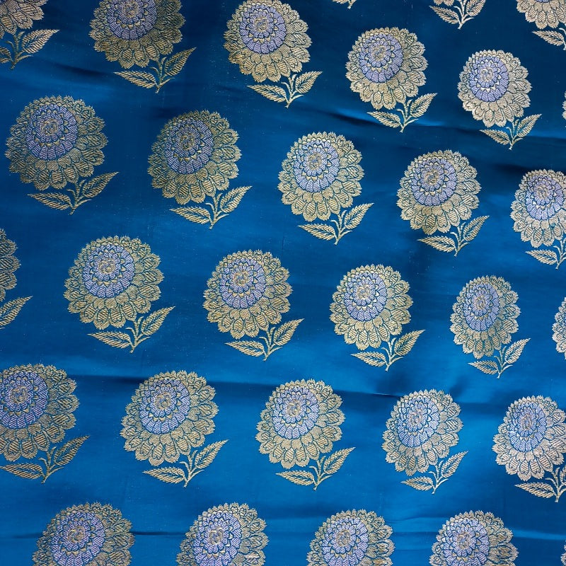 Turquoise Blue Gaji Silk Fabric With Floral Buttis