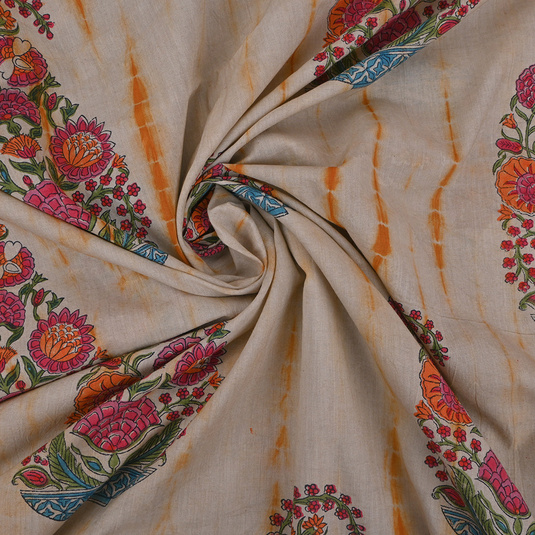 Stone White Printed Floral-Paisley Cotton Fabric