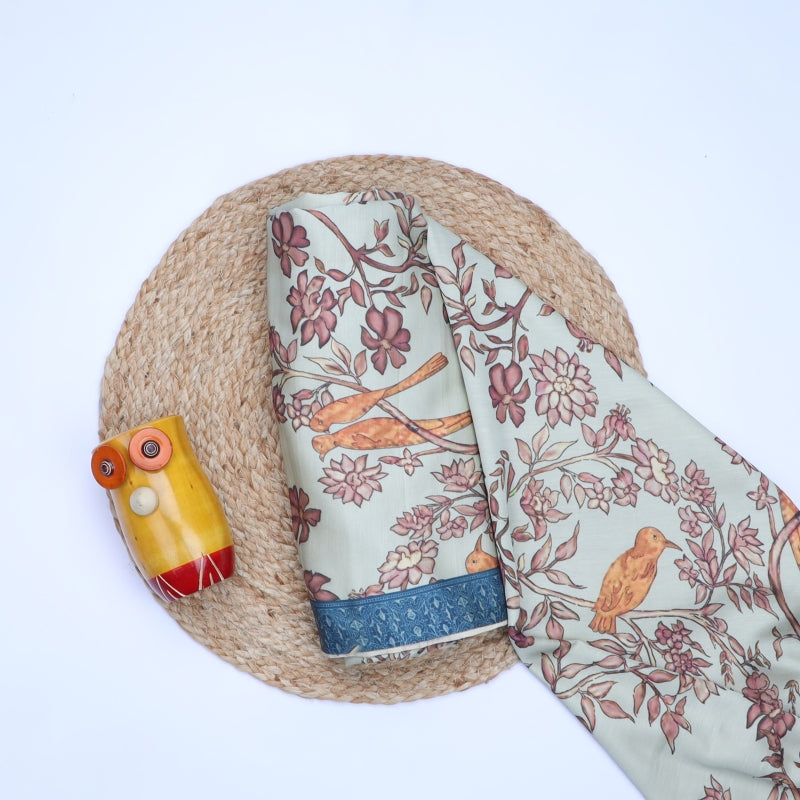 Pastel Pista Green Floral Printed Satin Fabric