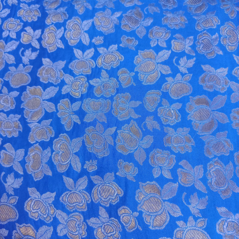 Azure Blue Jamawar Silk Fabric With Floral Buttis