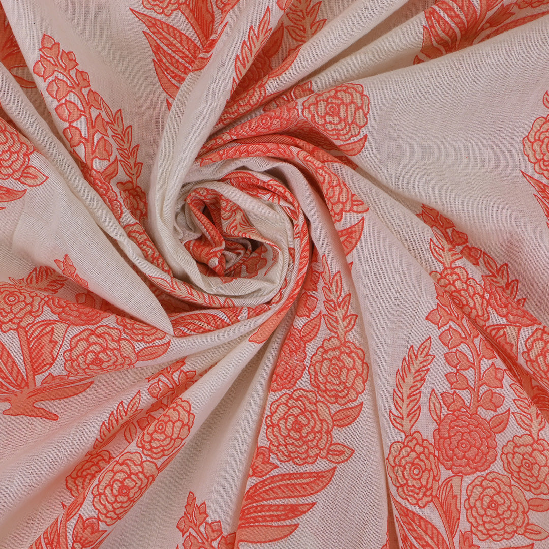 Spring White Printed Paisley Cotton Fabric