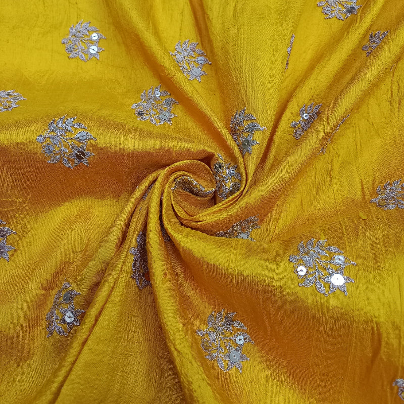 Canary Yellow Raw Silk Fabric With Floral Embroidery