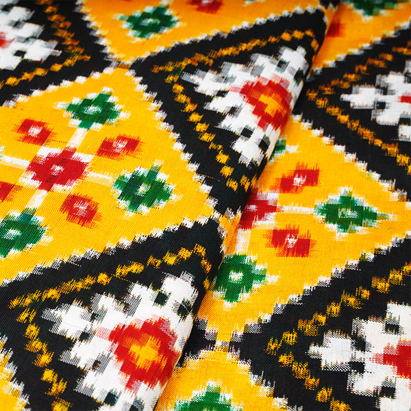 Yellow Ikat Silk Geometric Pattern Handloom Fabric