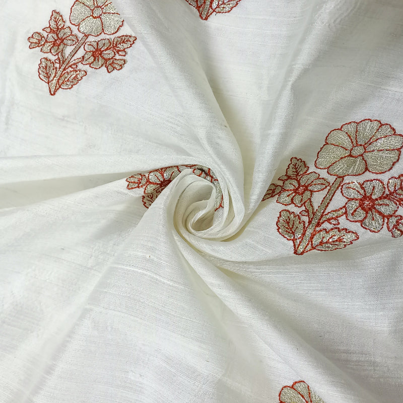 White Floral Embroidery Raw Silk Fabric