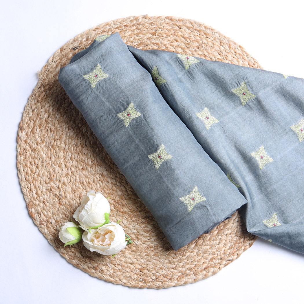 Pastel Grey Silk Fabric With Floral Star Buttis