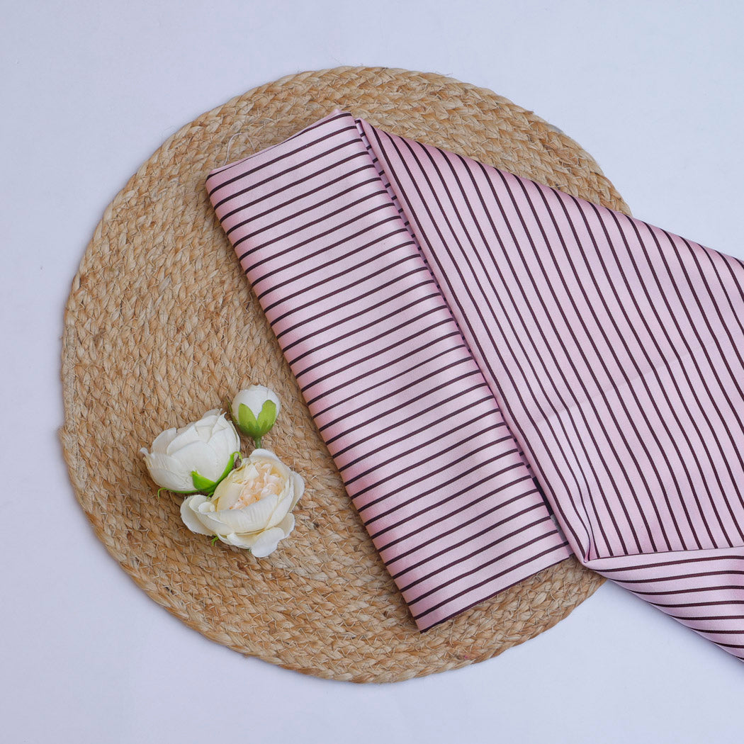 Light Pink Satin Silk Fabric With Stripes Pattern