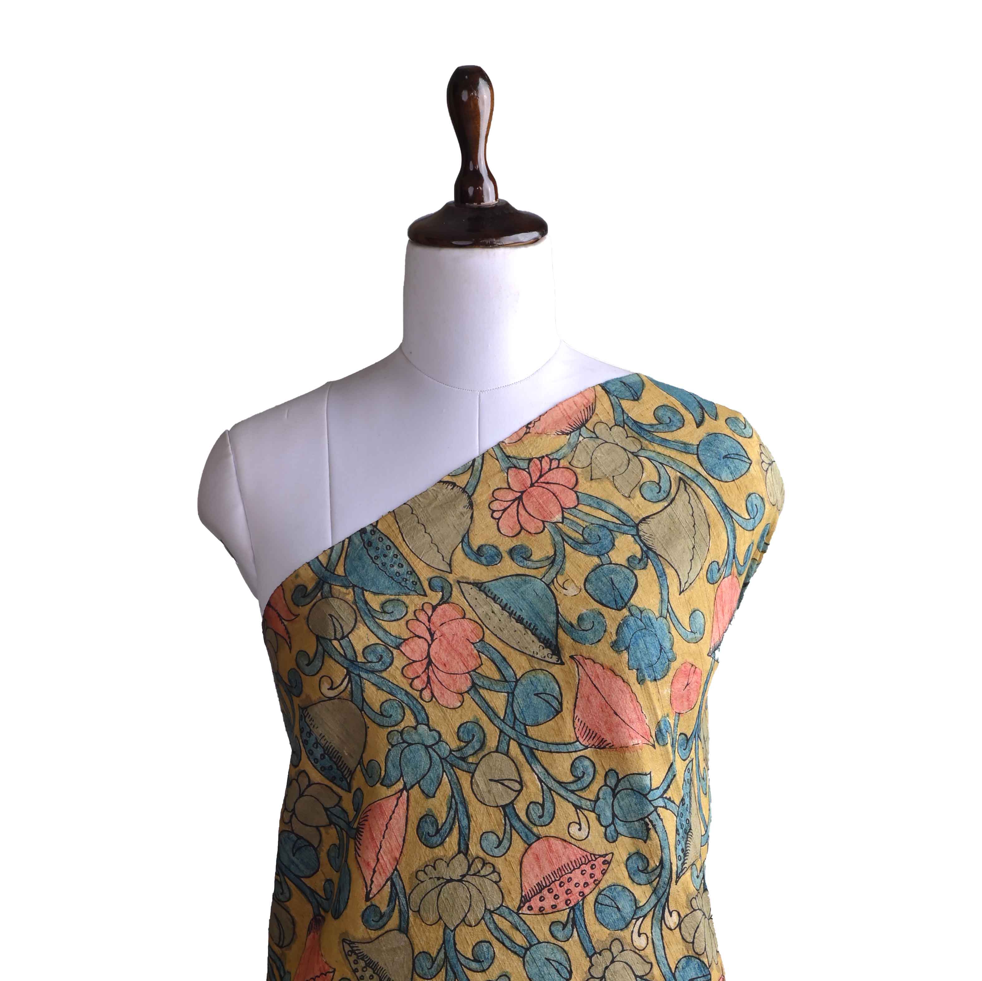 Mustard Raw Silk With Pen Kalamkari Fabric