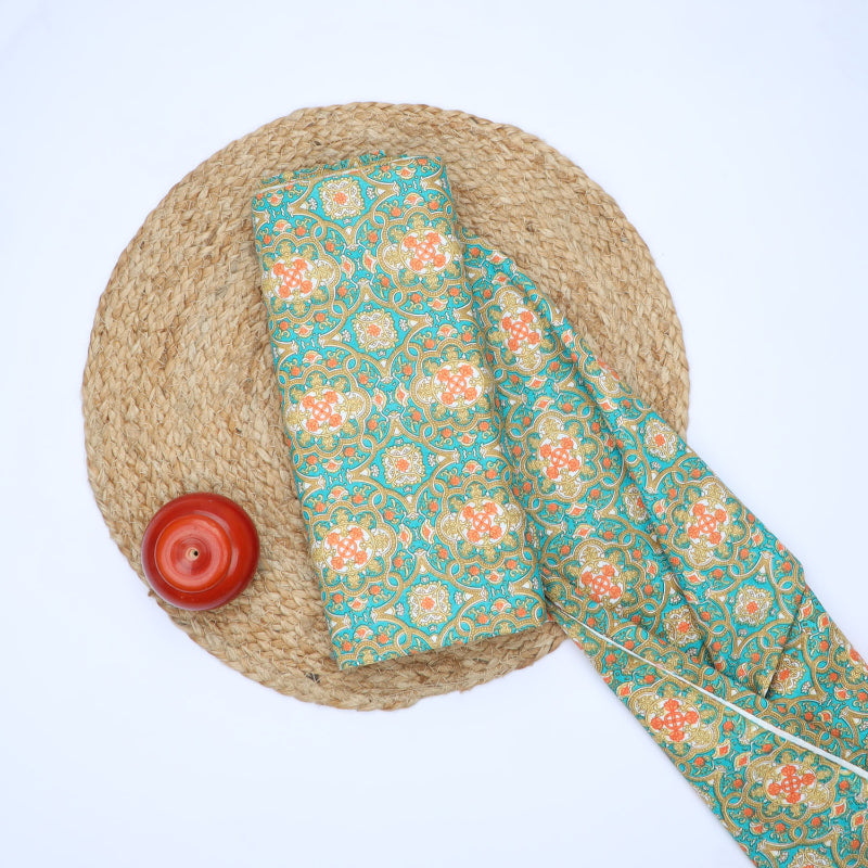 Teal Blue Cotton Fabric With Floral Printed Pattern