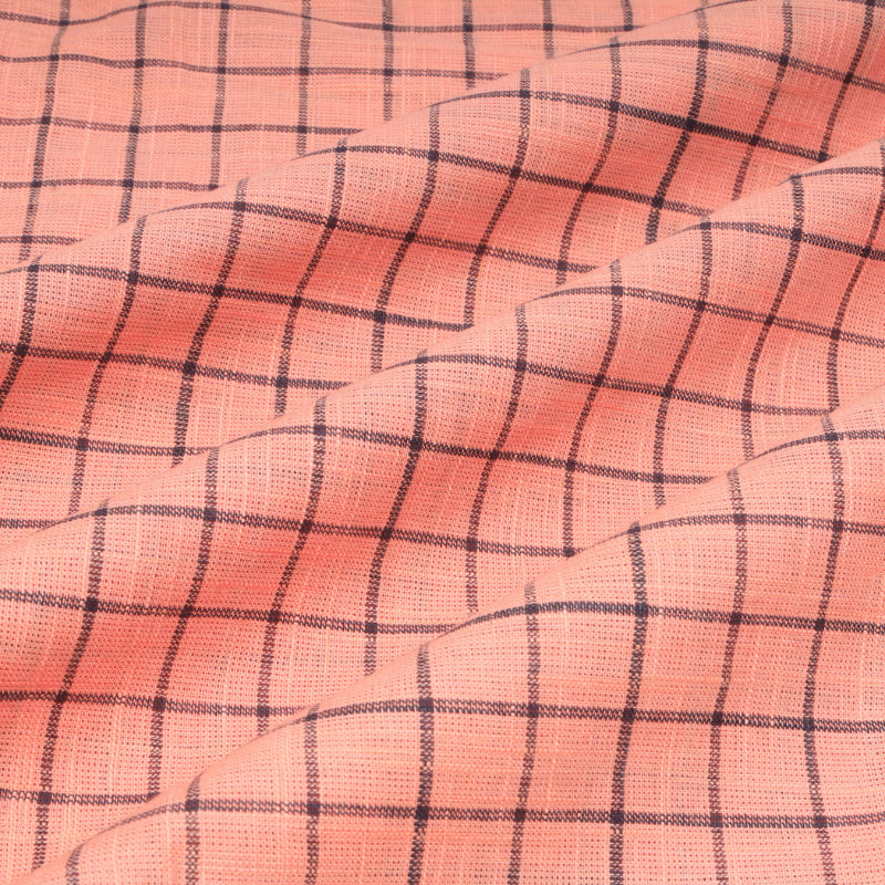 Peach Pink Cotton Fabric With Checked Pattern