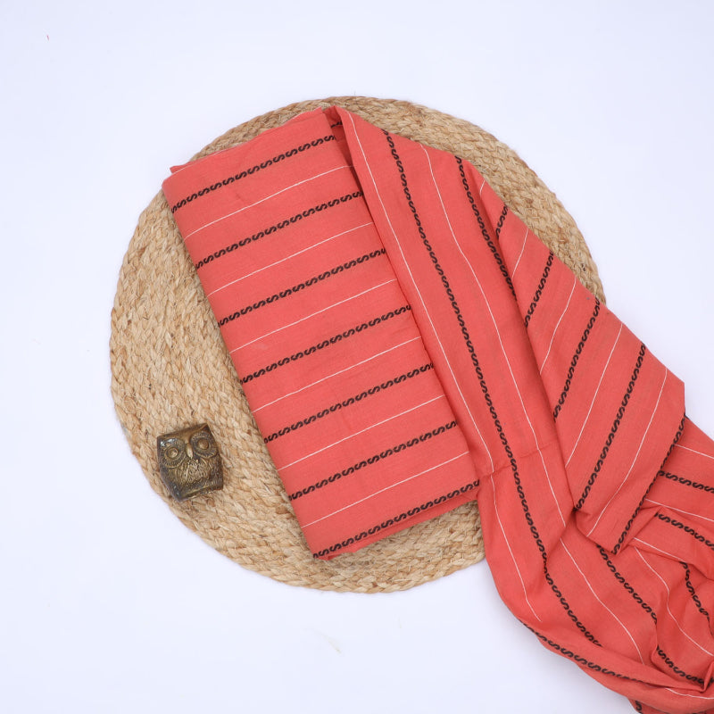 Red Cotton Fabric With Geometric Pattern