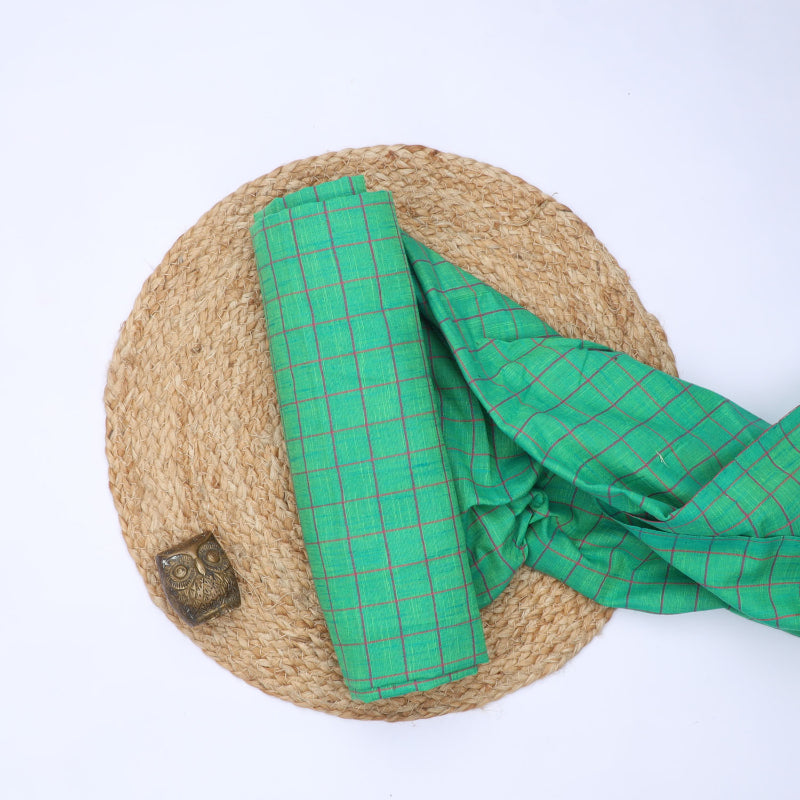 Sea Green Cotton Fabric With Checked Pattern