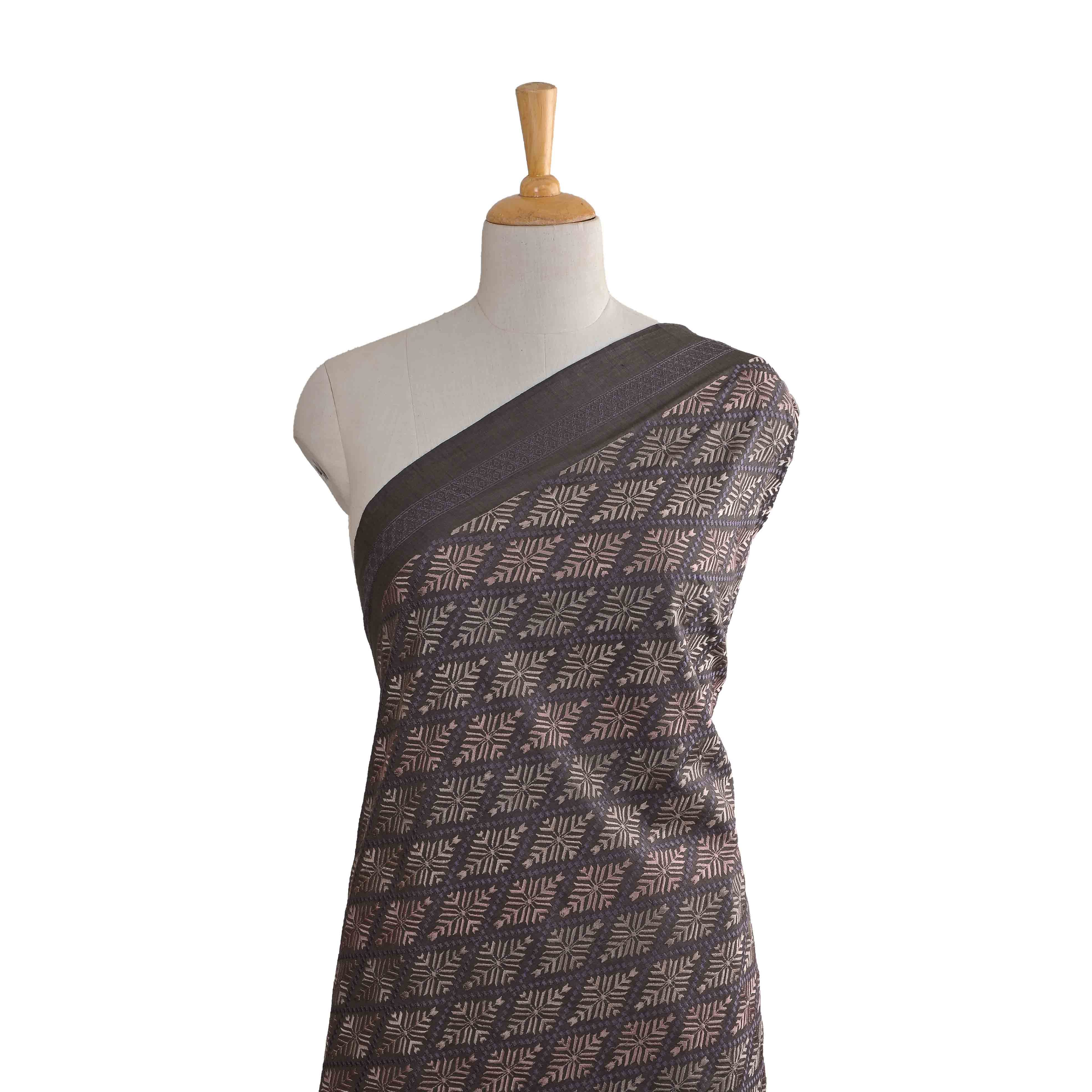 Carbon Grey Moonga Fabric With Embroidery Pattern