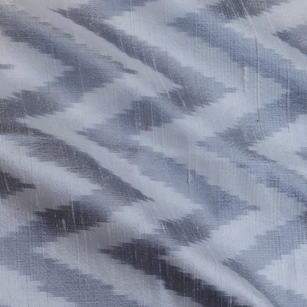 Dull White Dupion Silk Ikat Fabric With Chevron Pattern