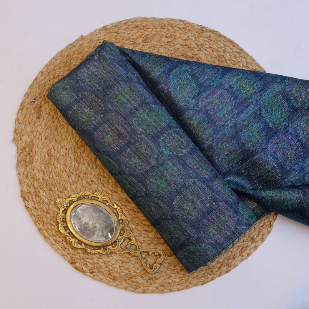 Dark Blue Tussar Fabric With Printed Floral Paisley Motifs