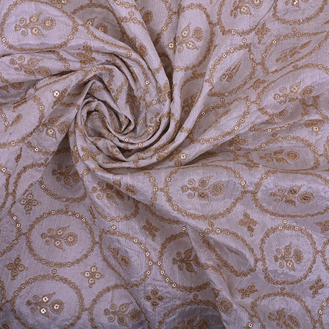 Pearl White Floral Embroidered Raw Silk Fabric