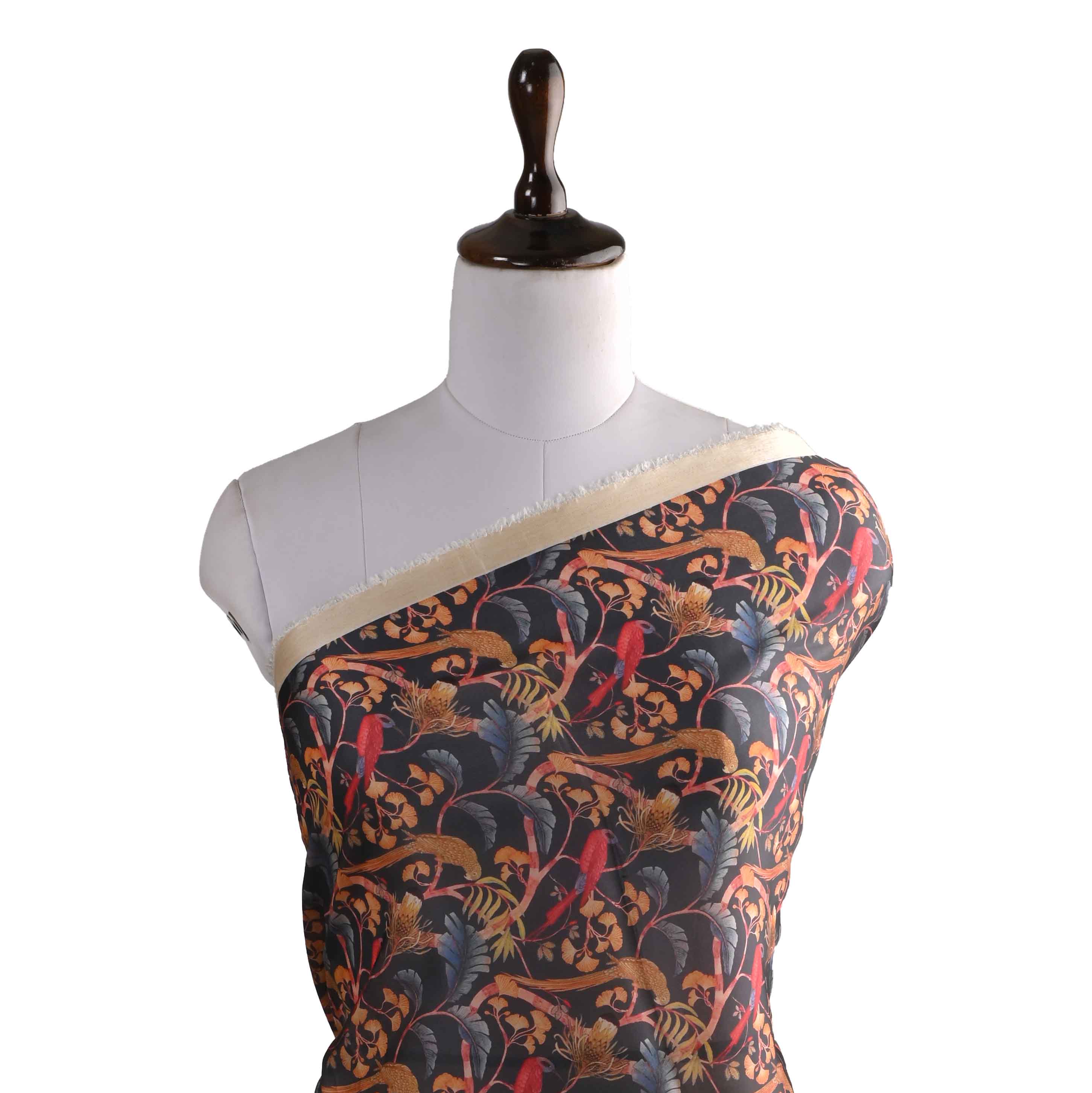 Blue Printed Tussar Fabric With Floral Pattern