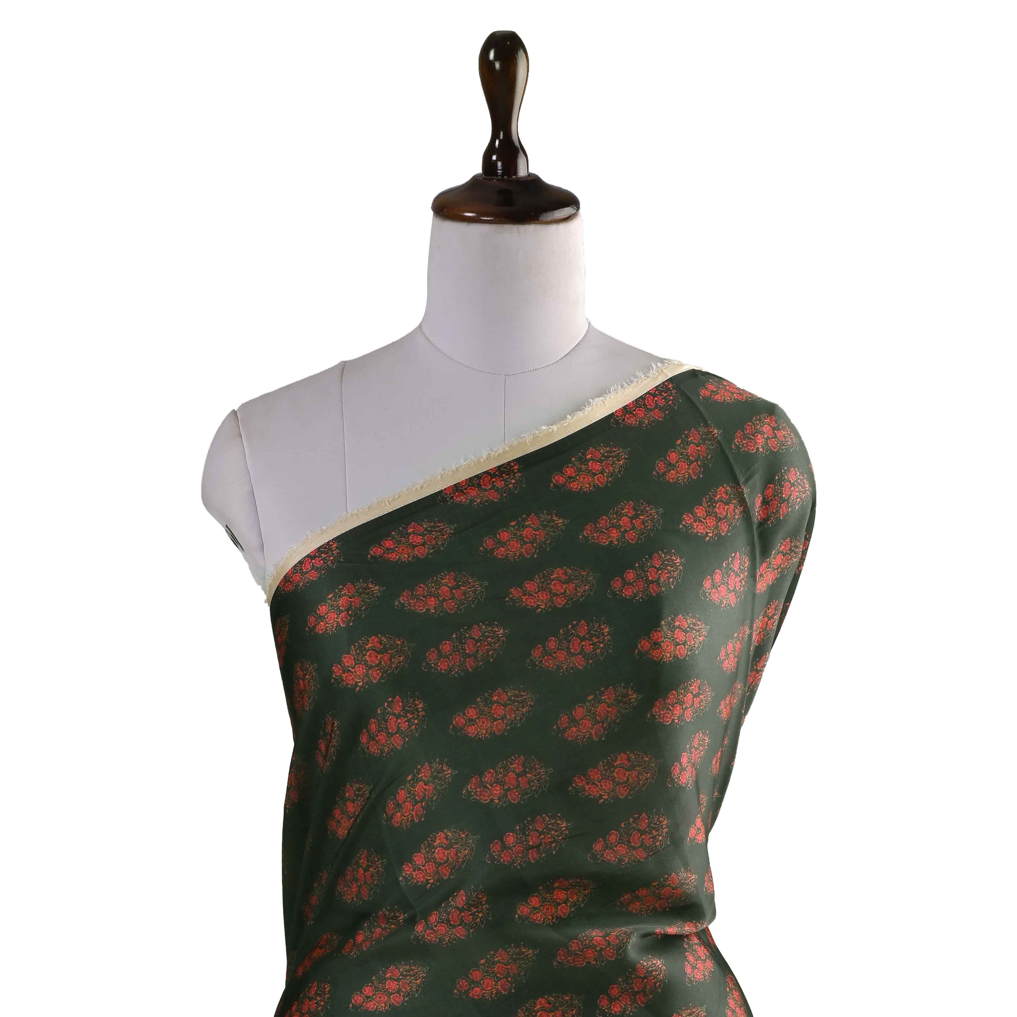 Dark Green Tussar Fabric With Floral Print