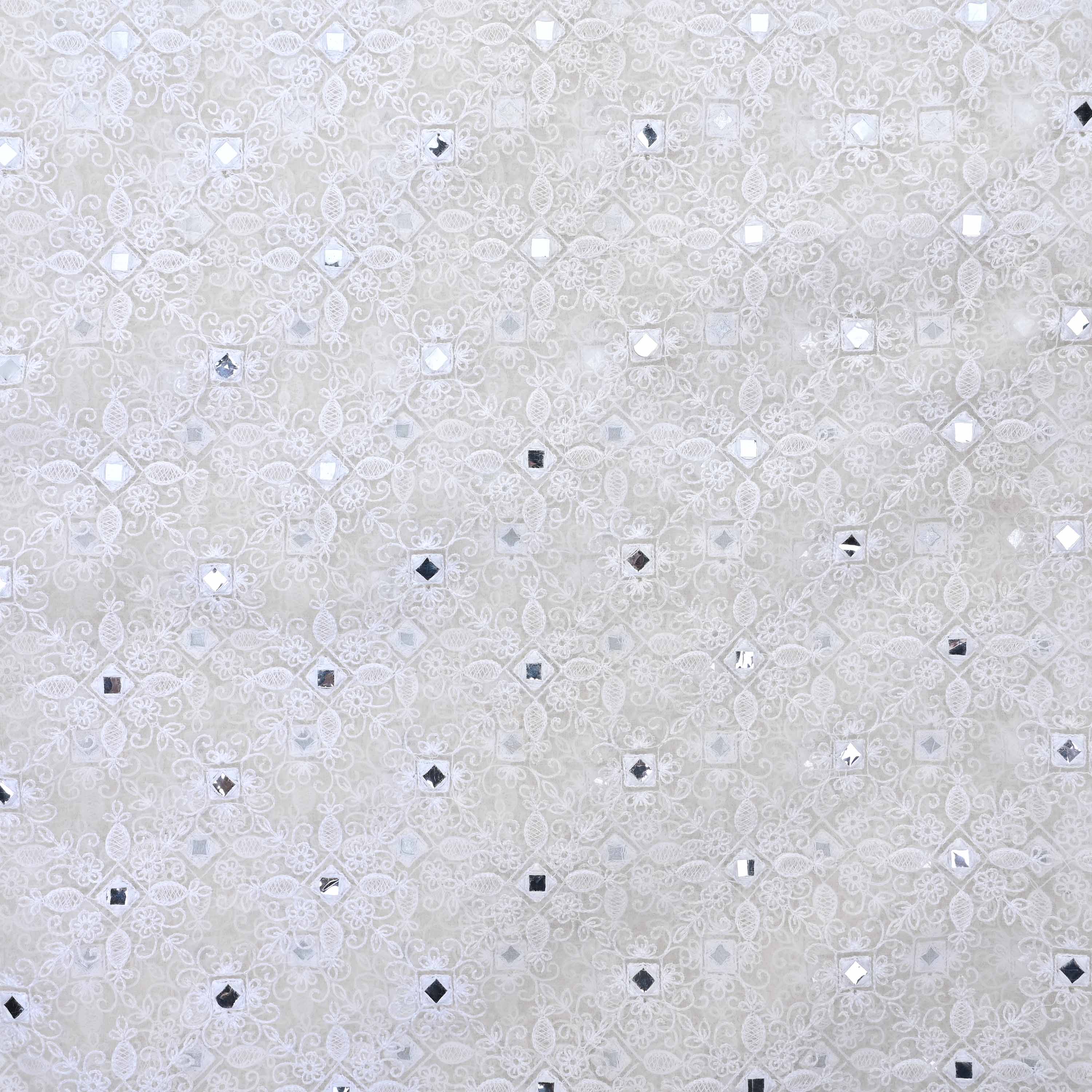 Bright White Floral Embroidered Organza Fabric