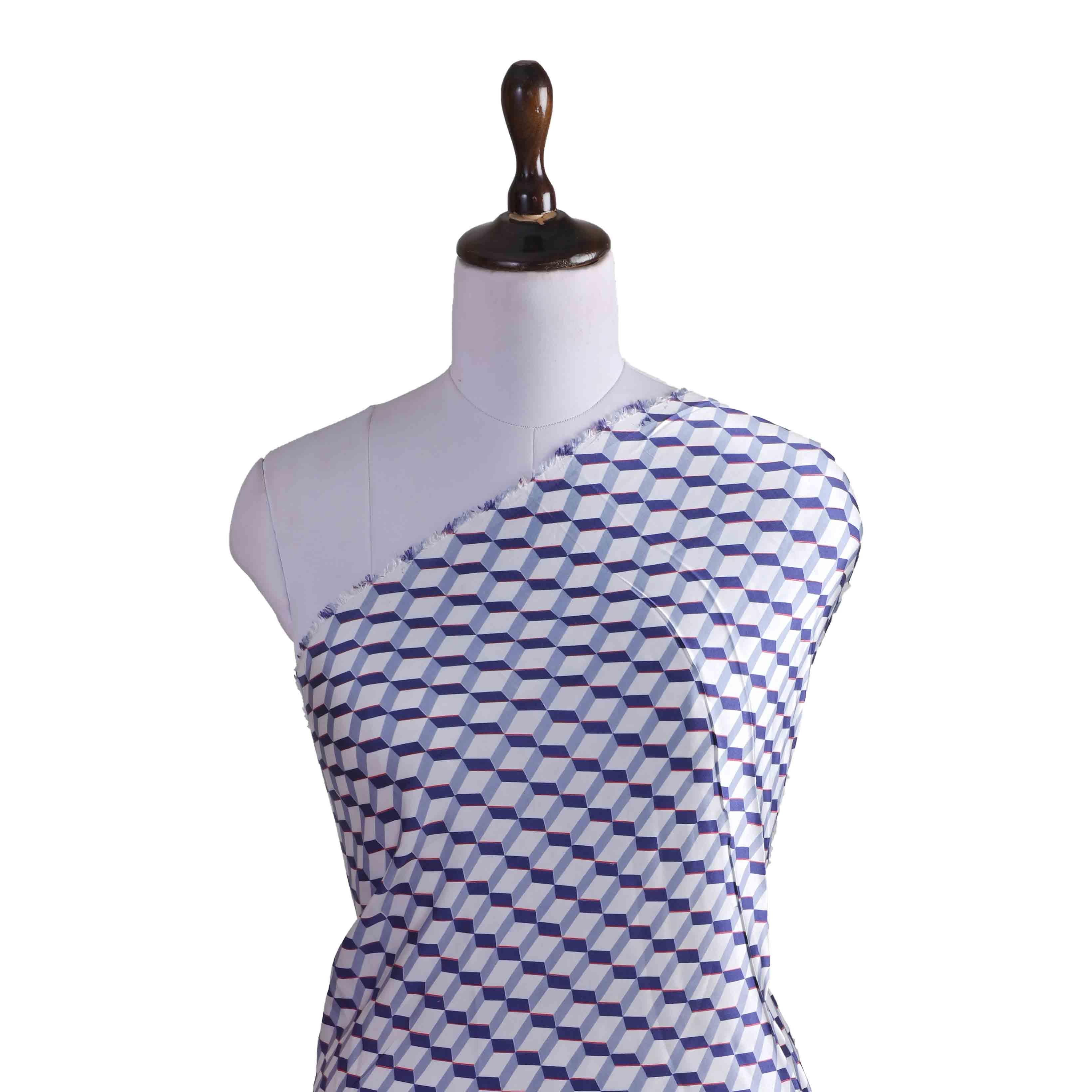 Indigo Geometrical 3D Cube Satin Fabric