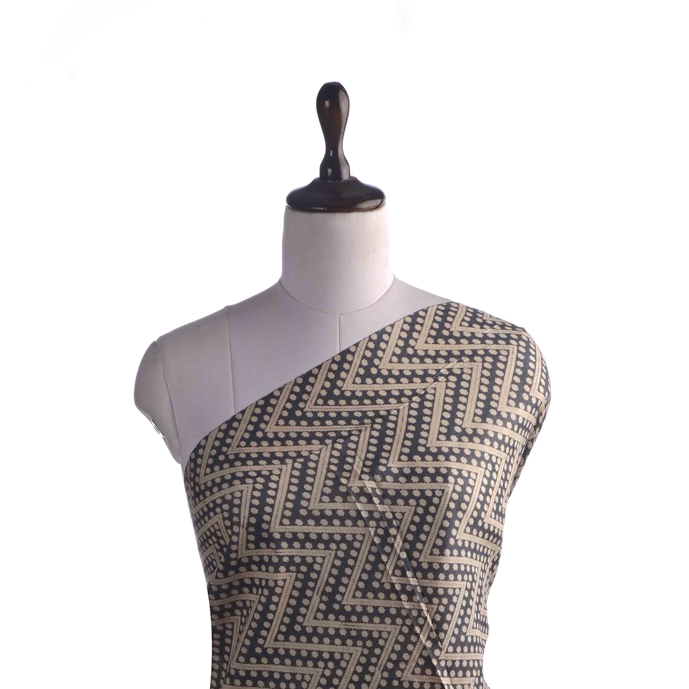 Blackish Grey Printed Tussar Fabric With Geometric Pattern