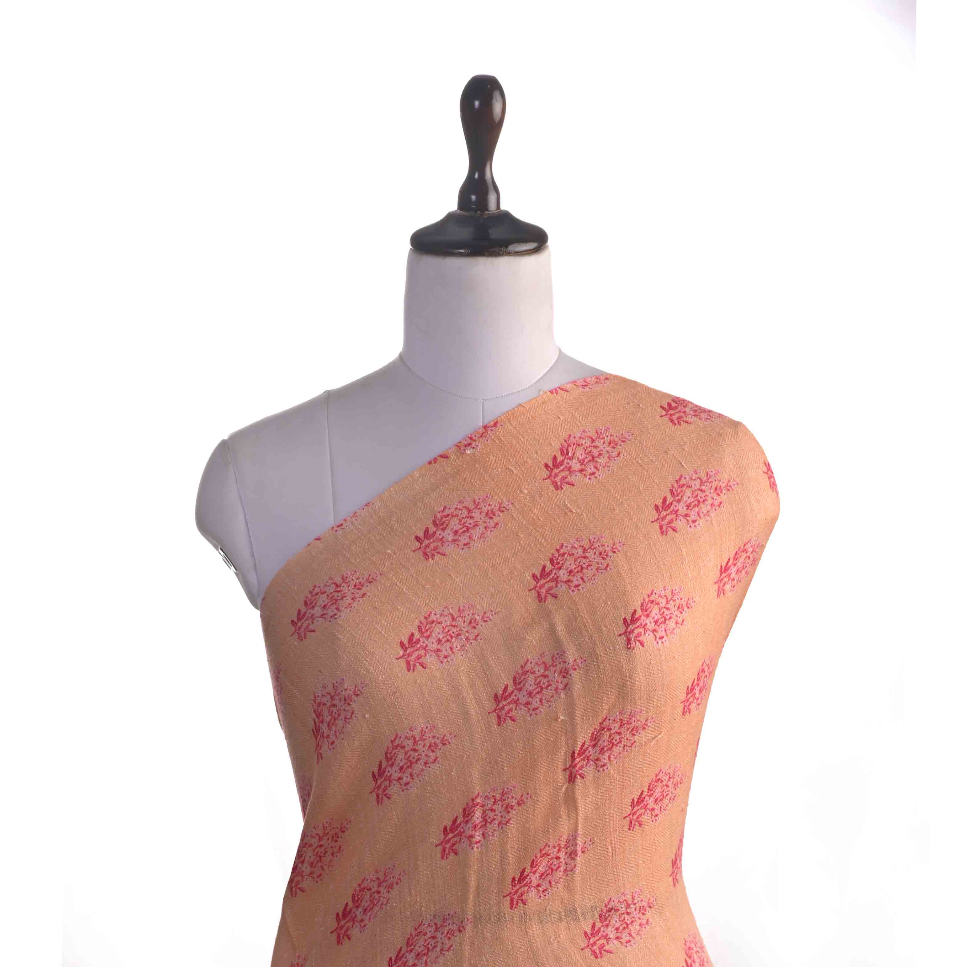 Bright Peach Printed Matka Fabric With Floral Pattern