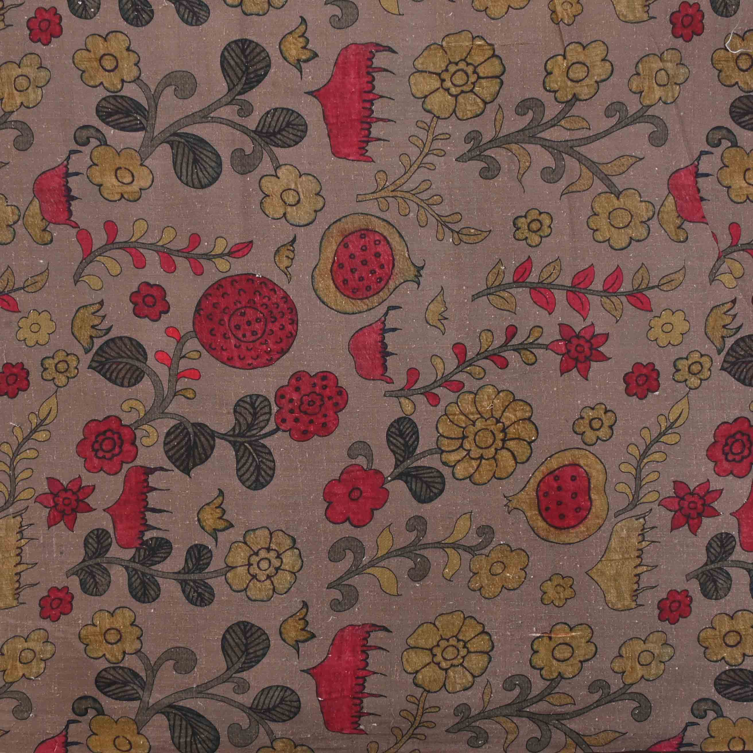 Amber Brown Floral Printed Raw Silk Fabric