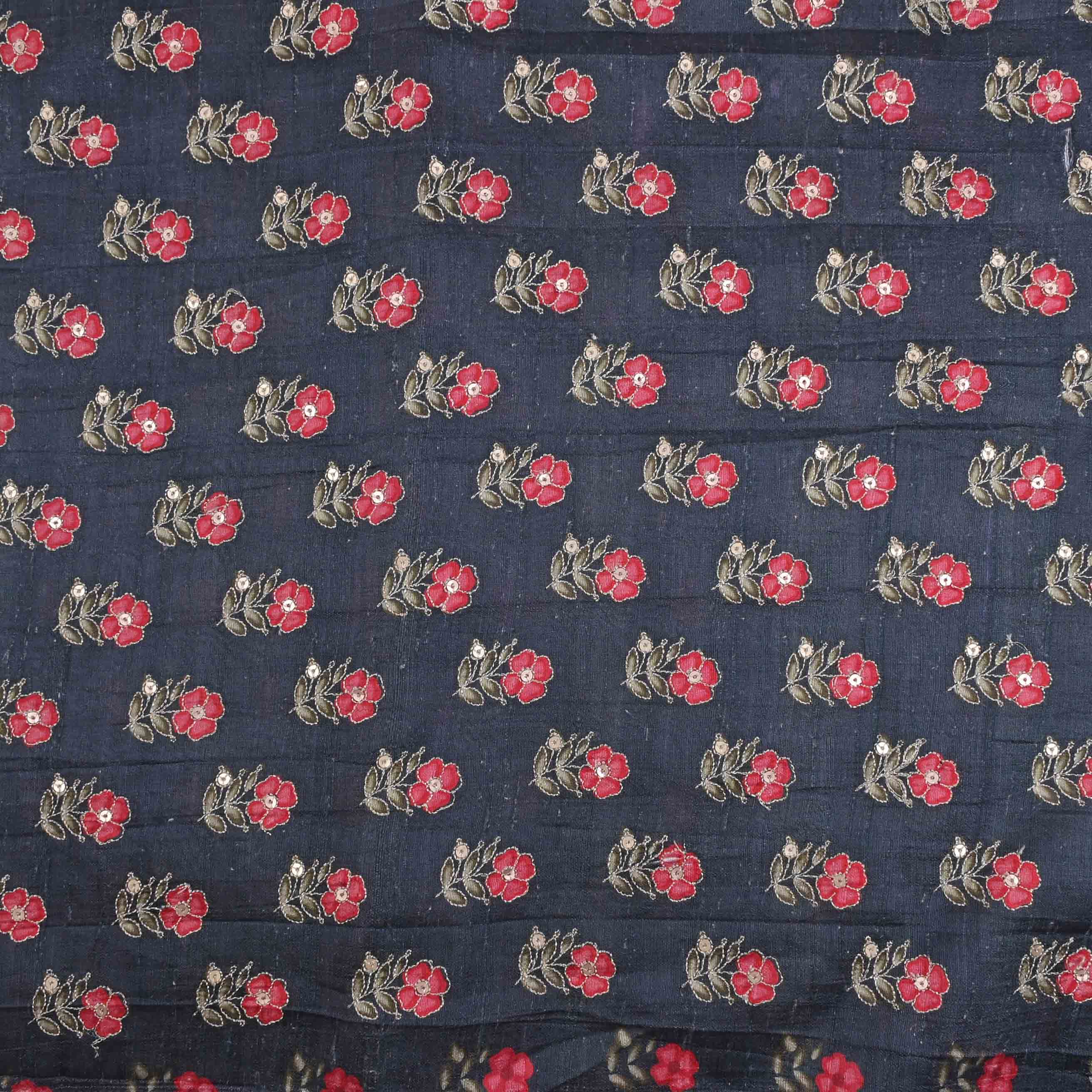 Deep Navy Blue Embroidered Raw Silk Fabric
