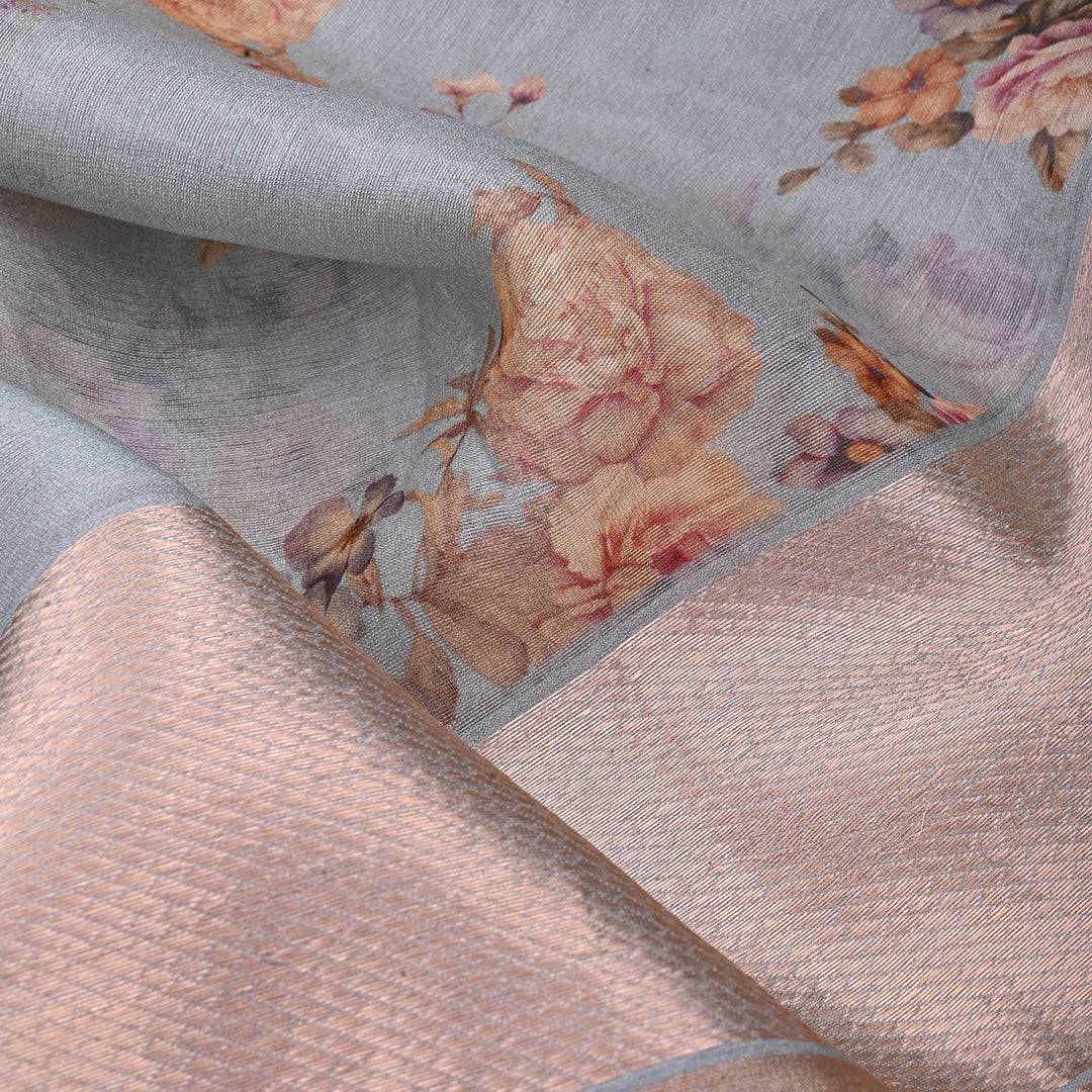 Blue Grey Floral Printed Maheshwari Silk Fabric