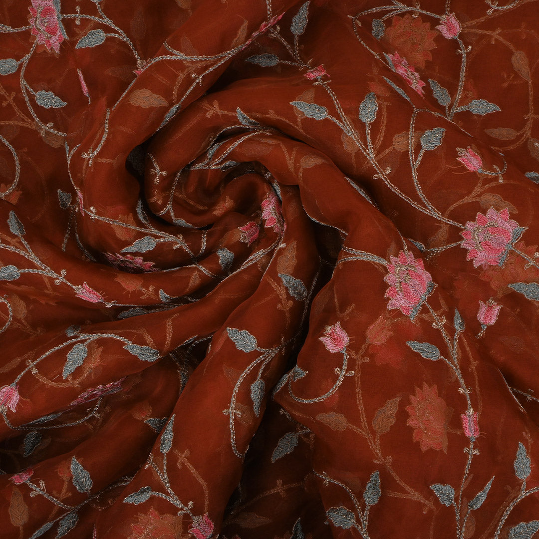 Chinese Orange Thread Work Embroidery Organza Fabric