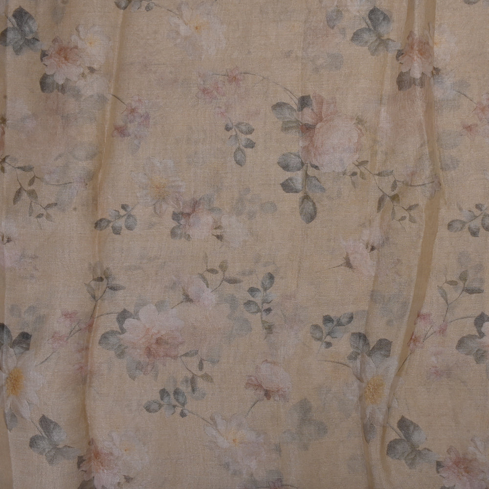Pastel Peach Orange Floral Printed Organza Fabric