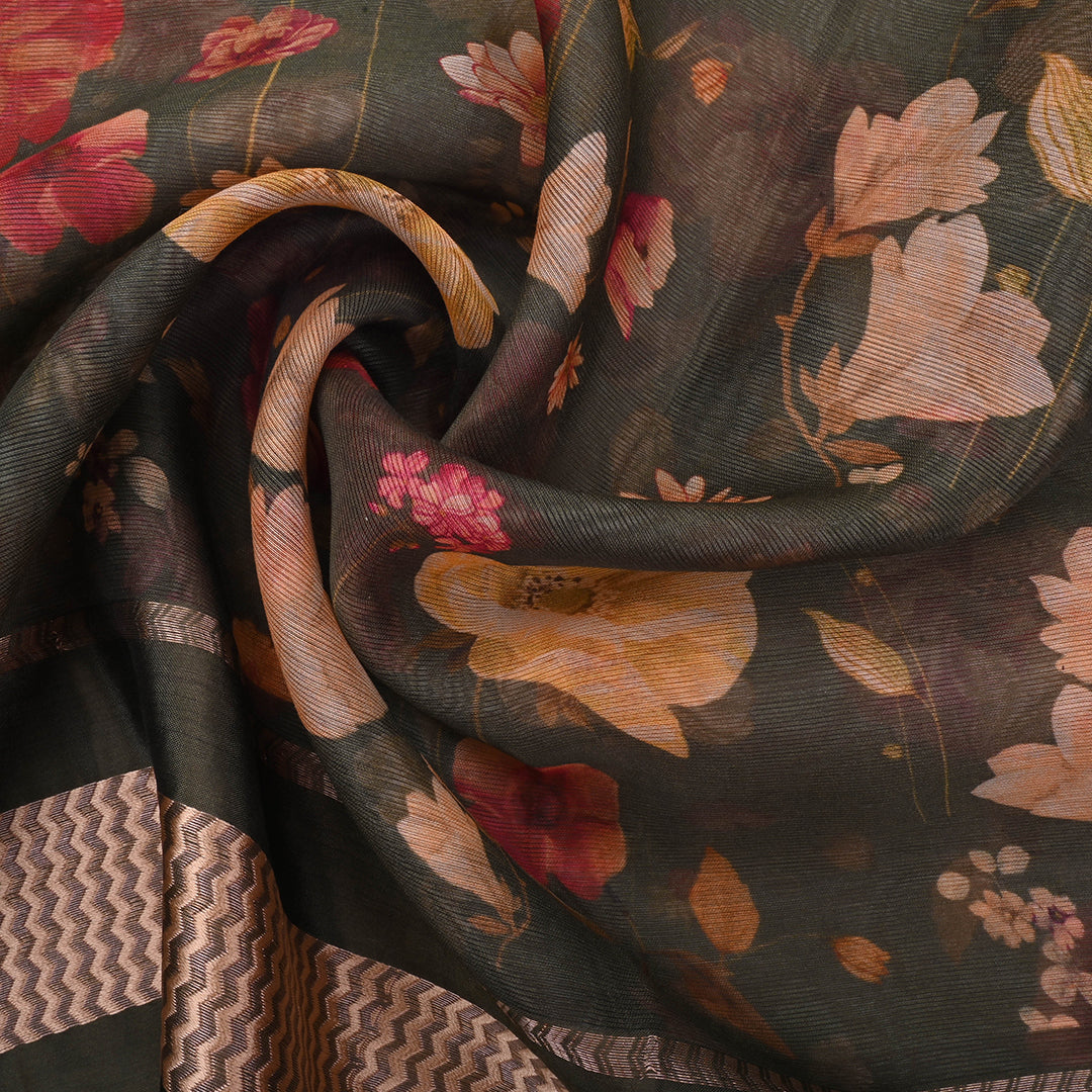 Rifle Green Printed Floral Maheshwari Silk Fabric