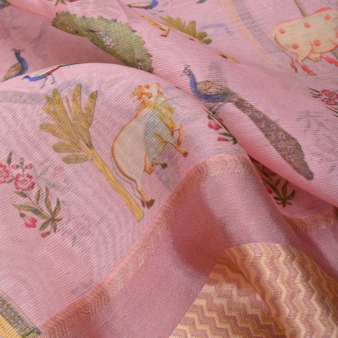 Pastel Pink Printed Pichwai Maheshwari Silk Fabric