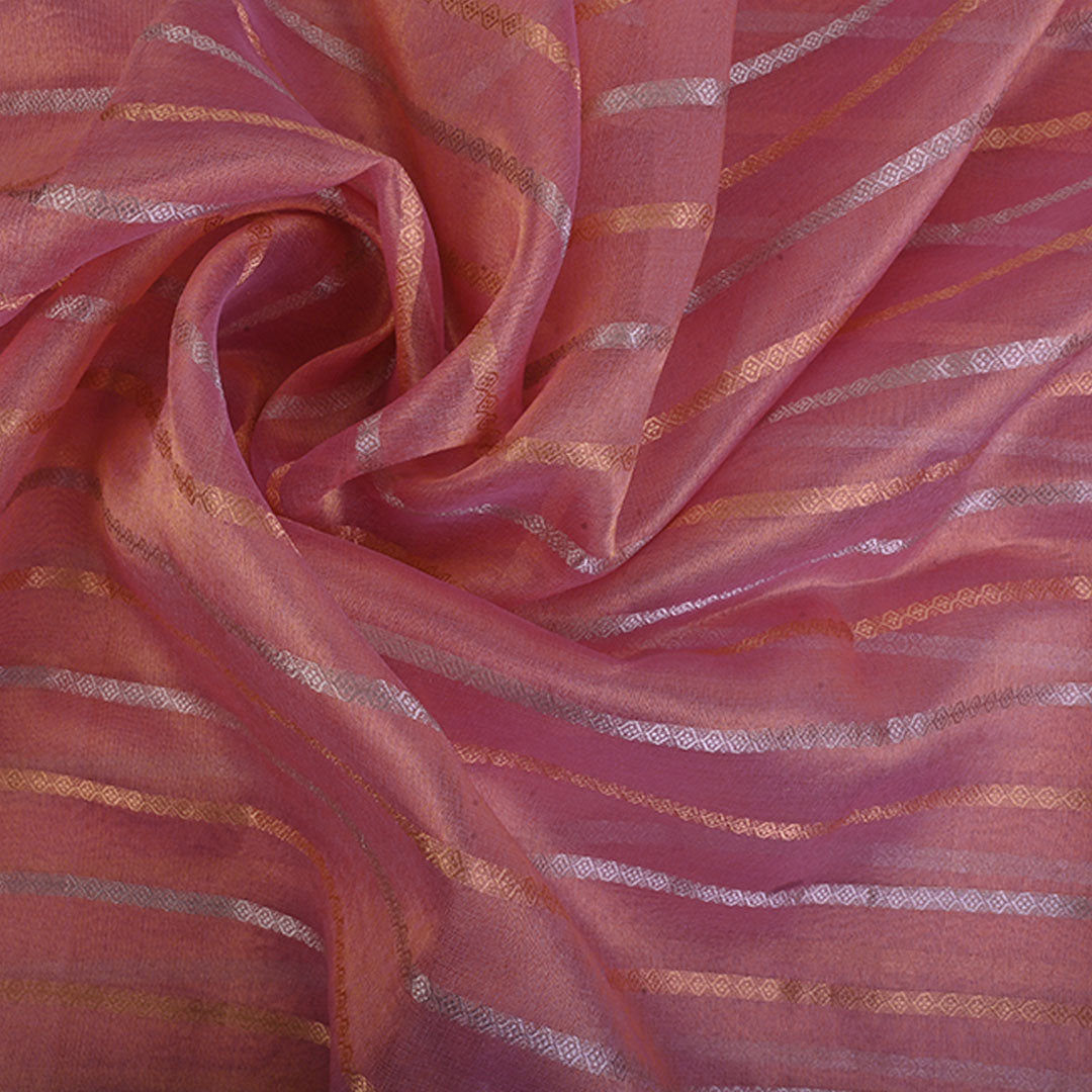 Pastel Pink Organza Tissue Fabric With Stripes