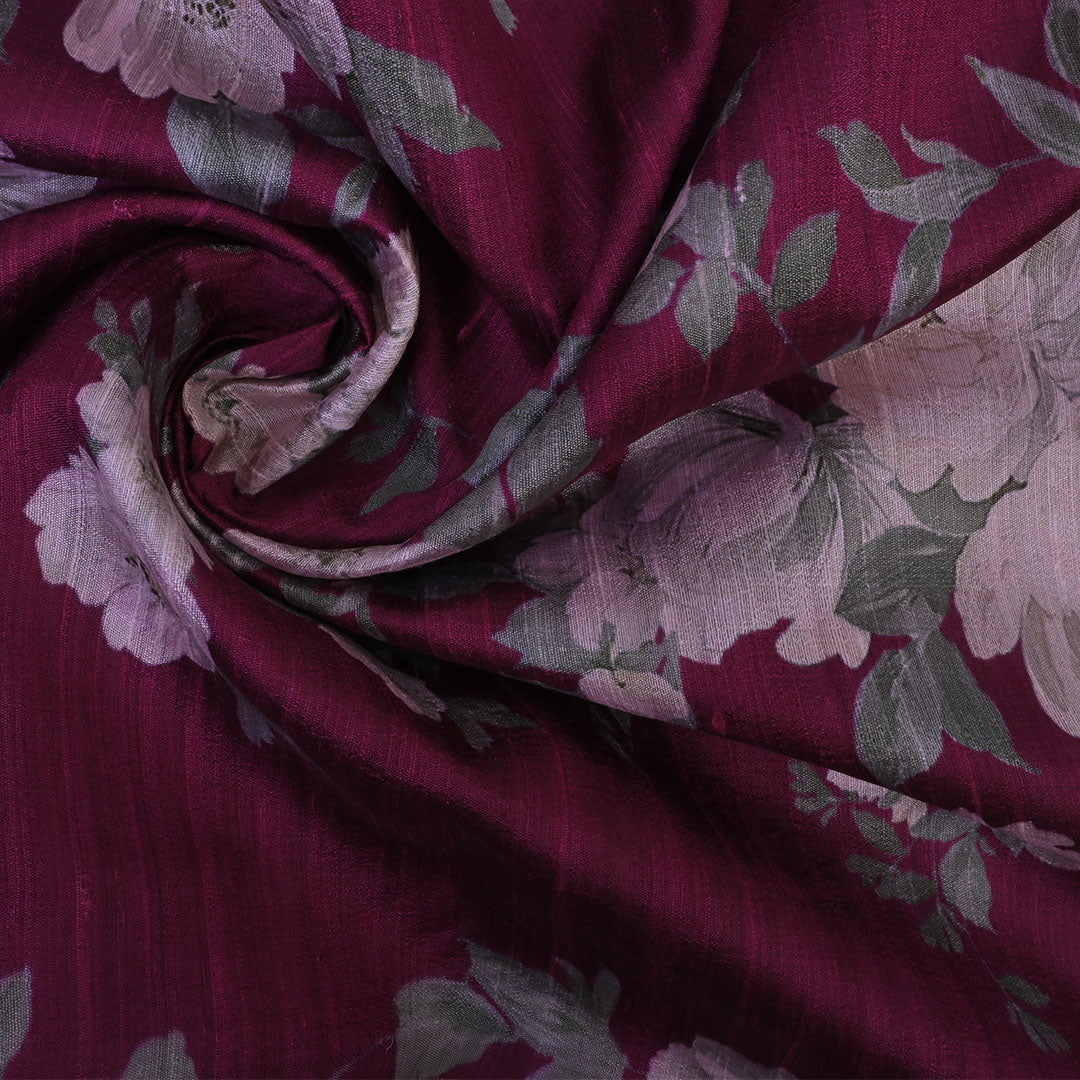 Wine Purple Floral Printed Raw Silk Fabric