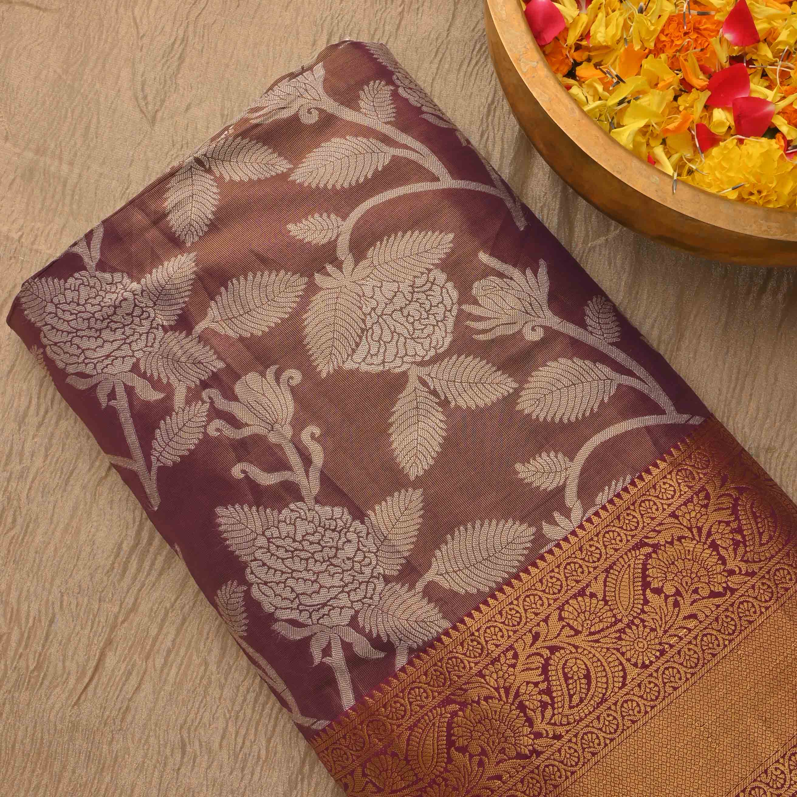 Ash Brown Kanchi Tissue Floral Fabric