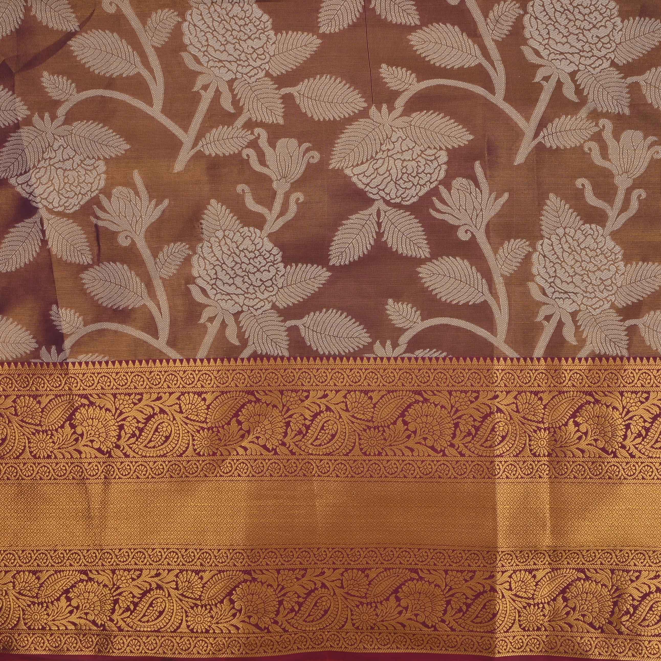 Ash Brown Kanjivaram Tissue Floral Fabric