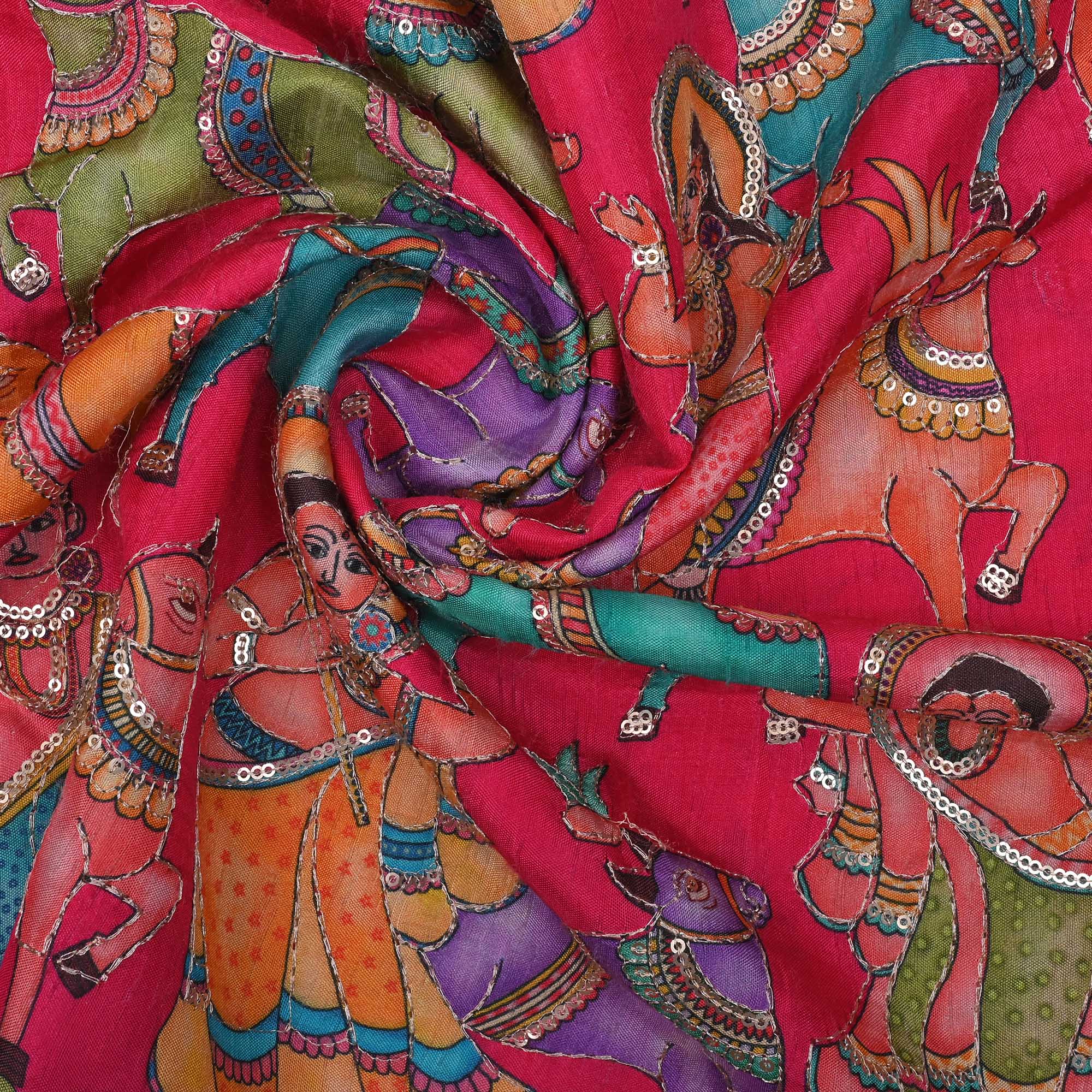 Raspberry Red Printed Pichwai Raw Silk Fabric With Embroidery