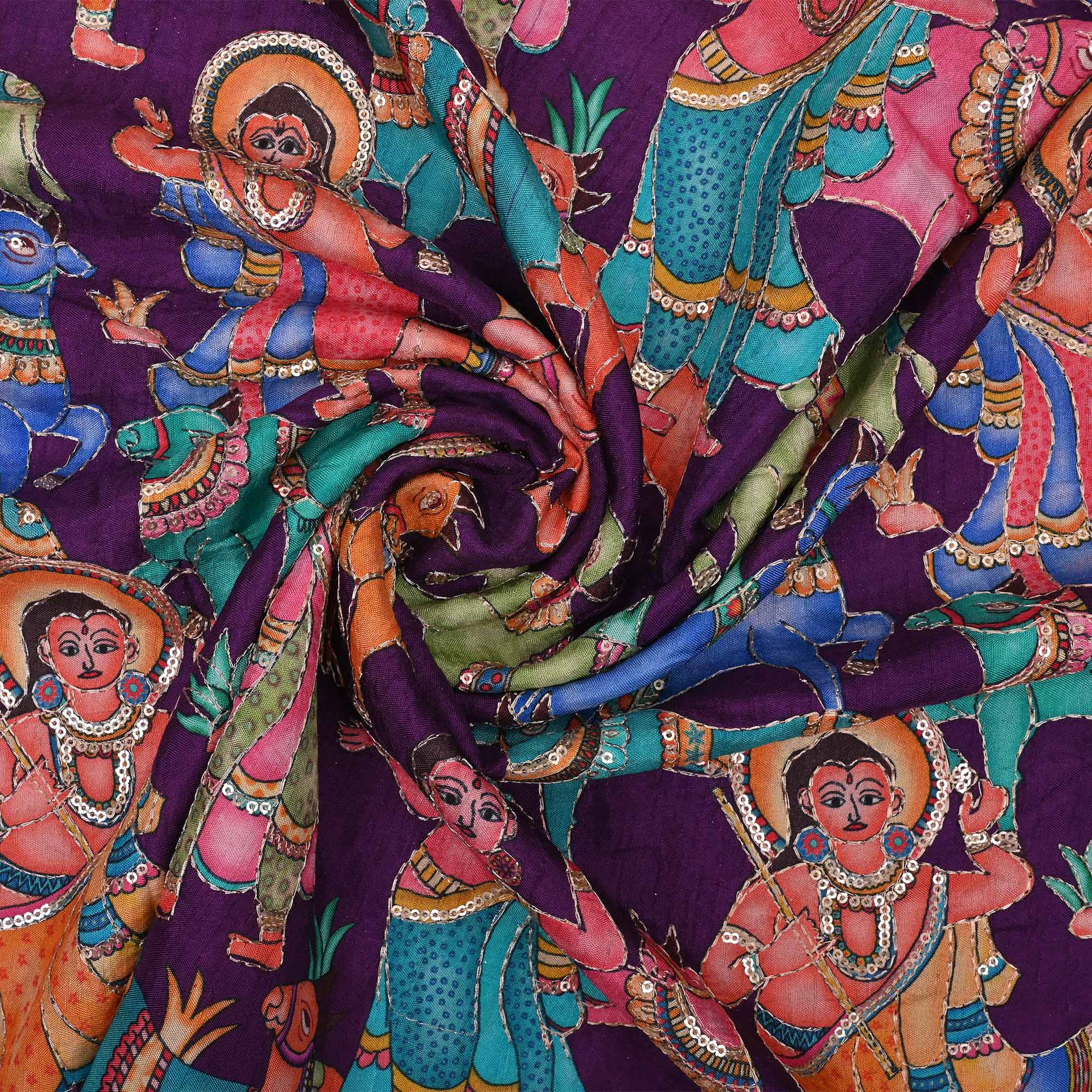 Imperial Purple Printed Pichwai Raw Silk Fabric With Embroidery