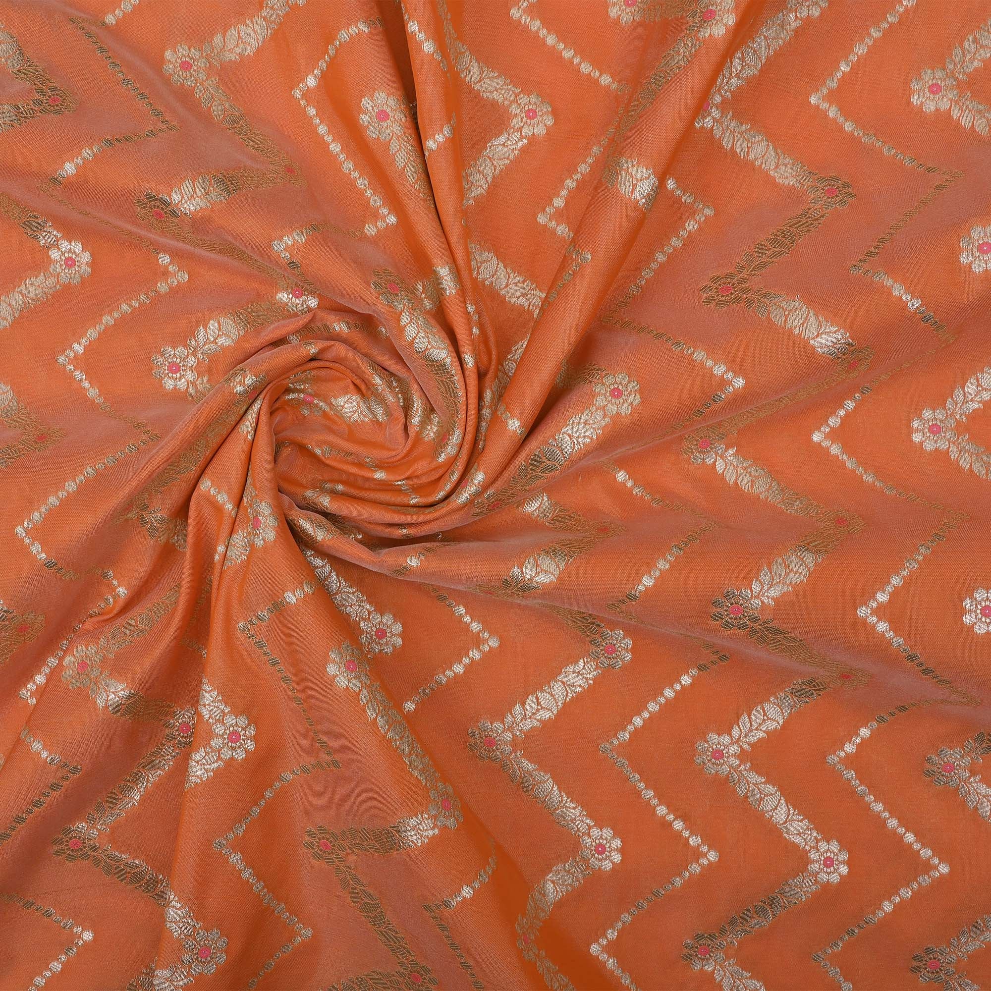 Royal Orange Meenakari Banarasi Fabric With Chevron Pattern