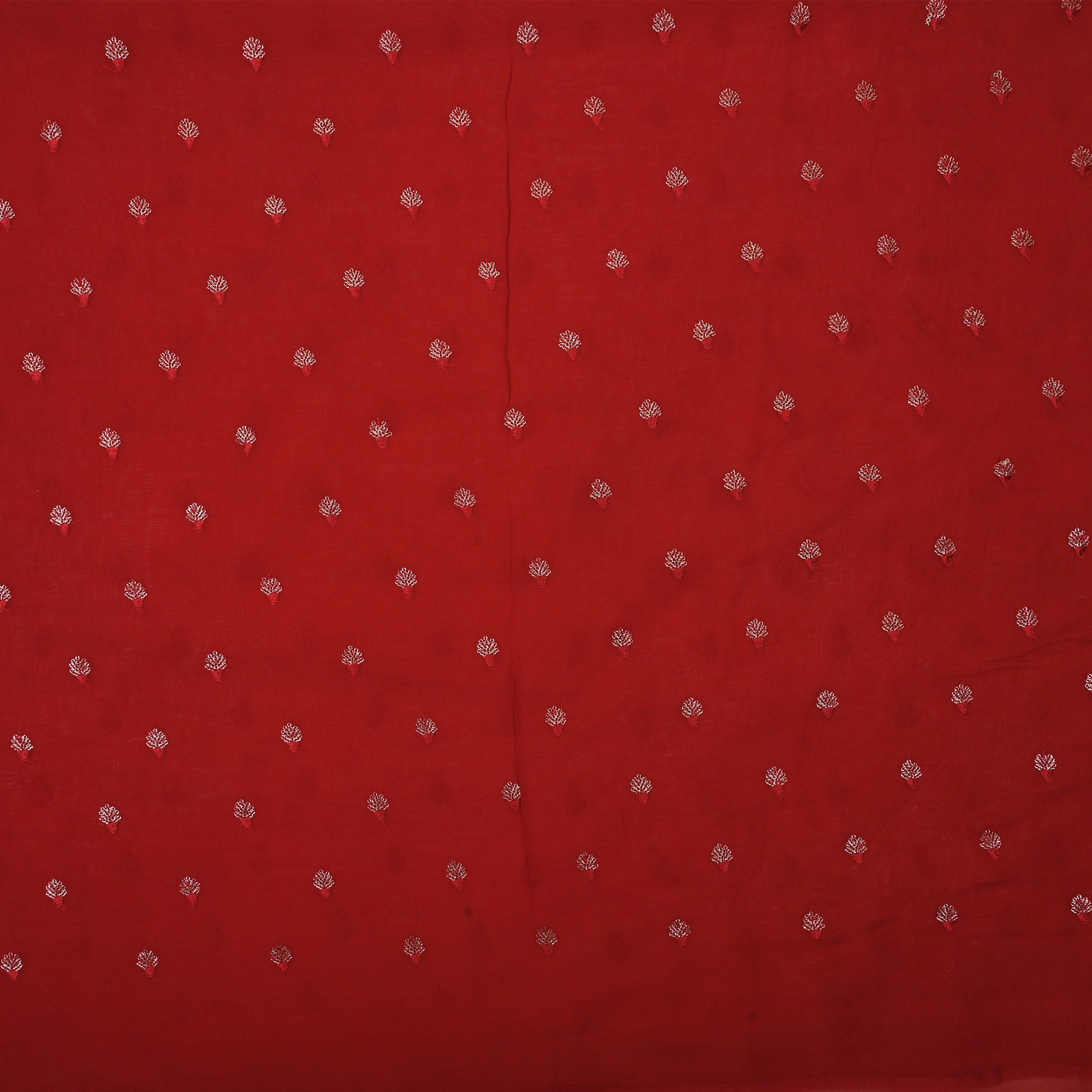 Deep Red Floral Embroidered Organza Fabric