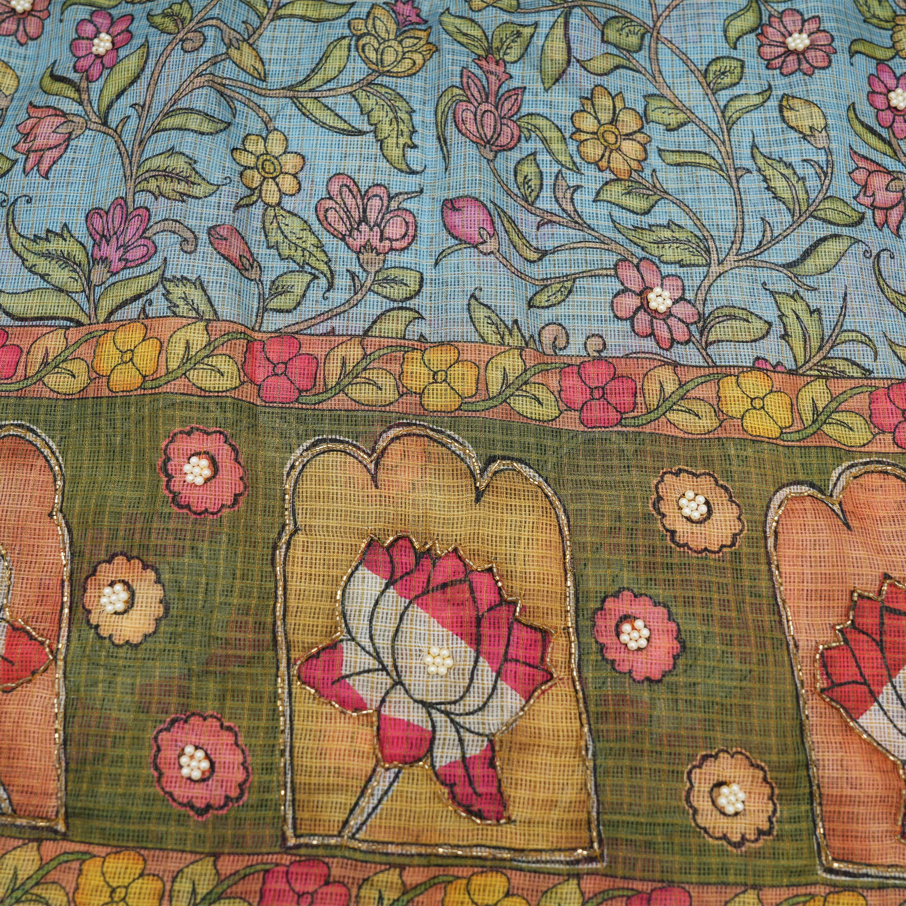 Baby Blue Floral Embroidered Kota Fabric With Pearl Cut Beads