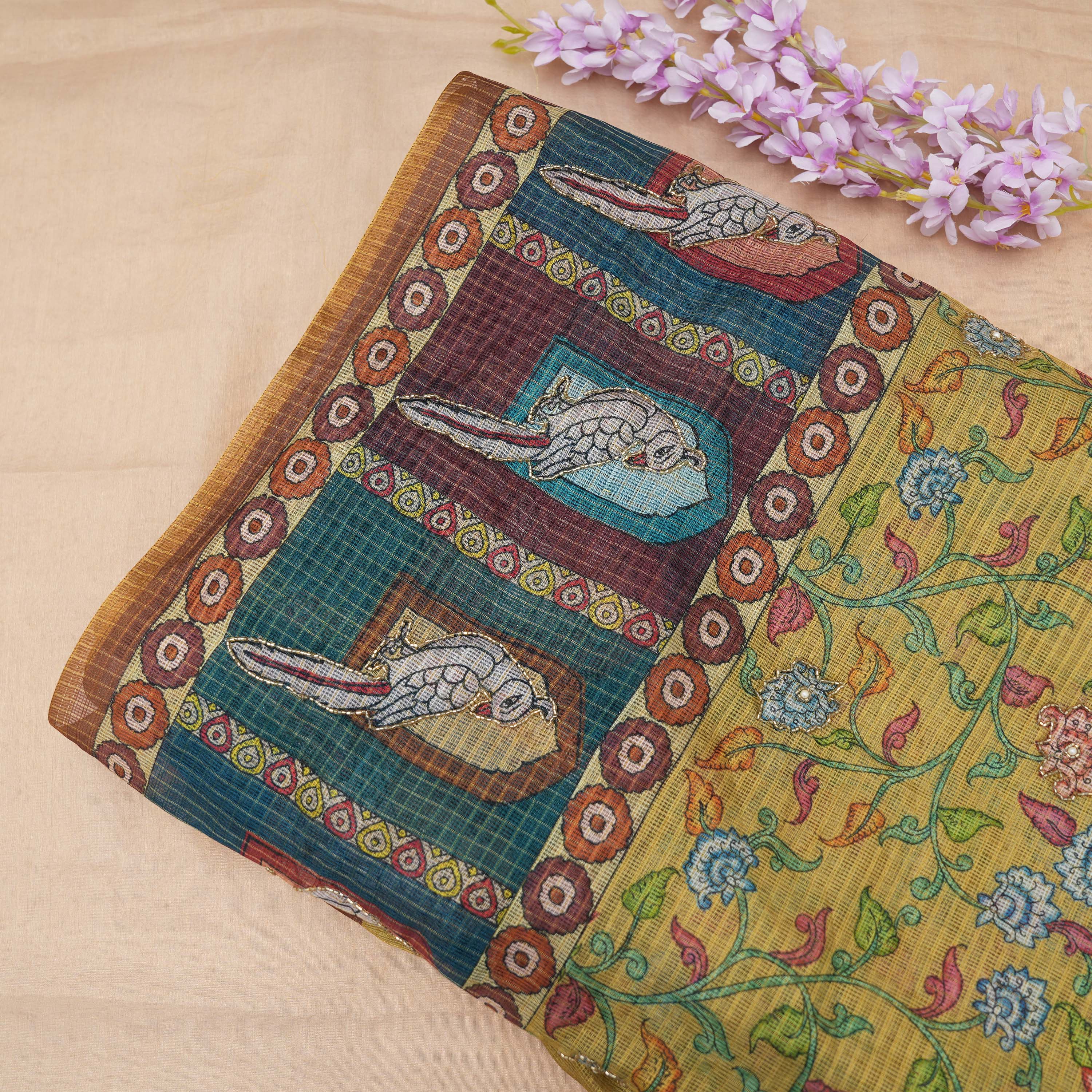 Arylide Yellow Kili Border And Floral Embroidered Kota Fabric