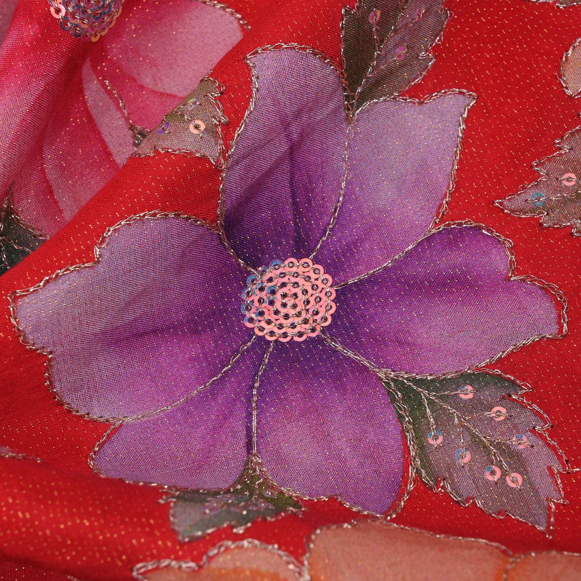 Tomato Red Printed Tissue Fabric With Embroidery