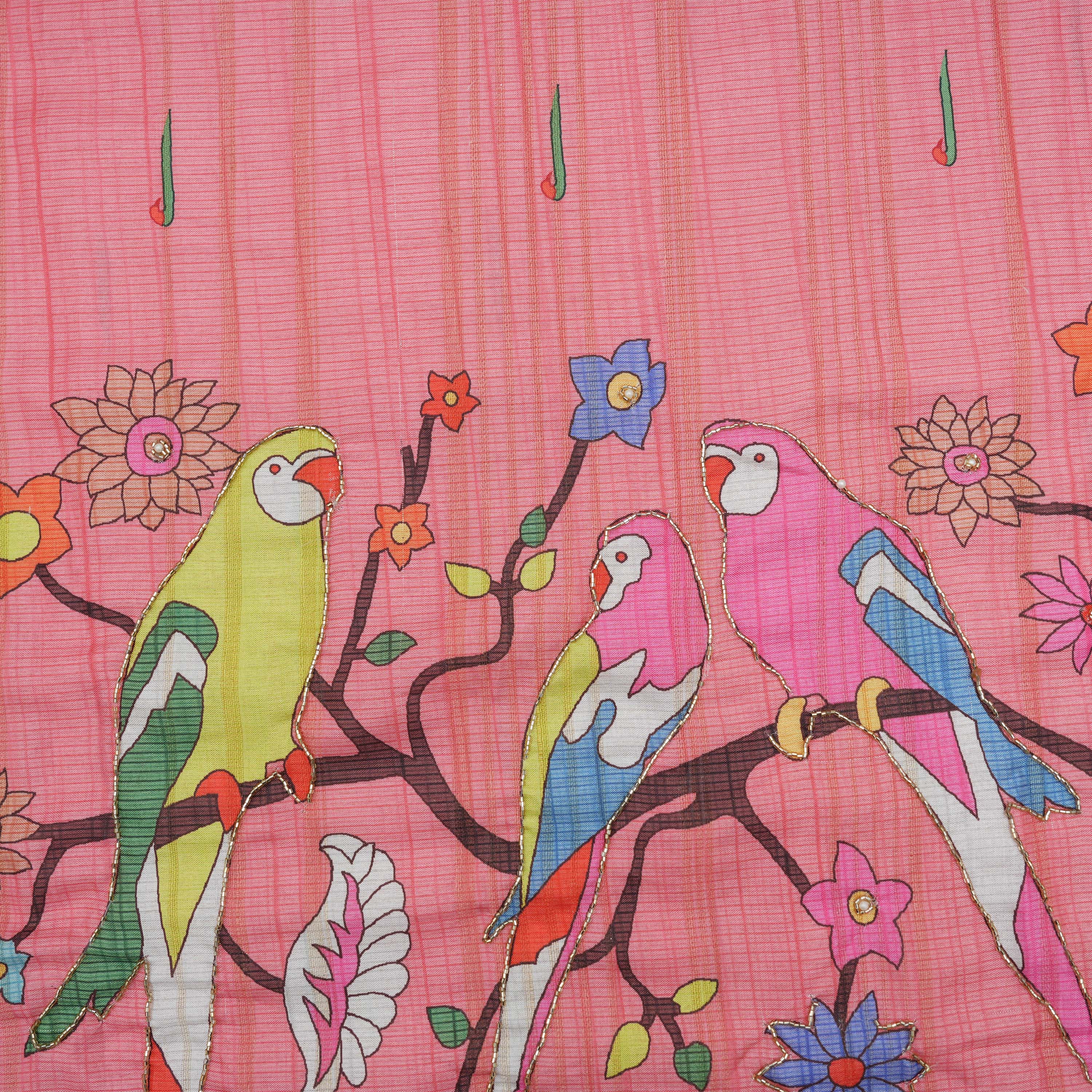 Salmon Pink Paithani Kili Border Dupion Rawsilk Fabric