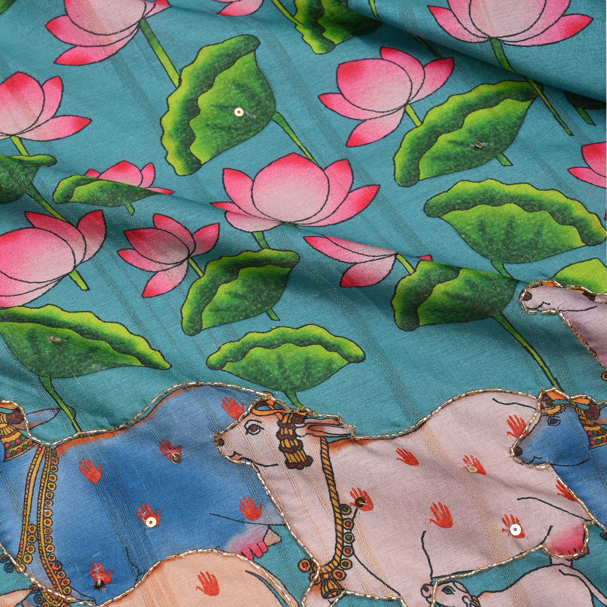 Turkish Blue Printed Pichwai Tussar Fabric With Embroidery