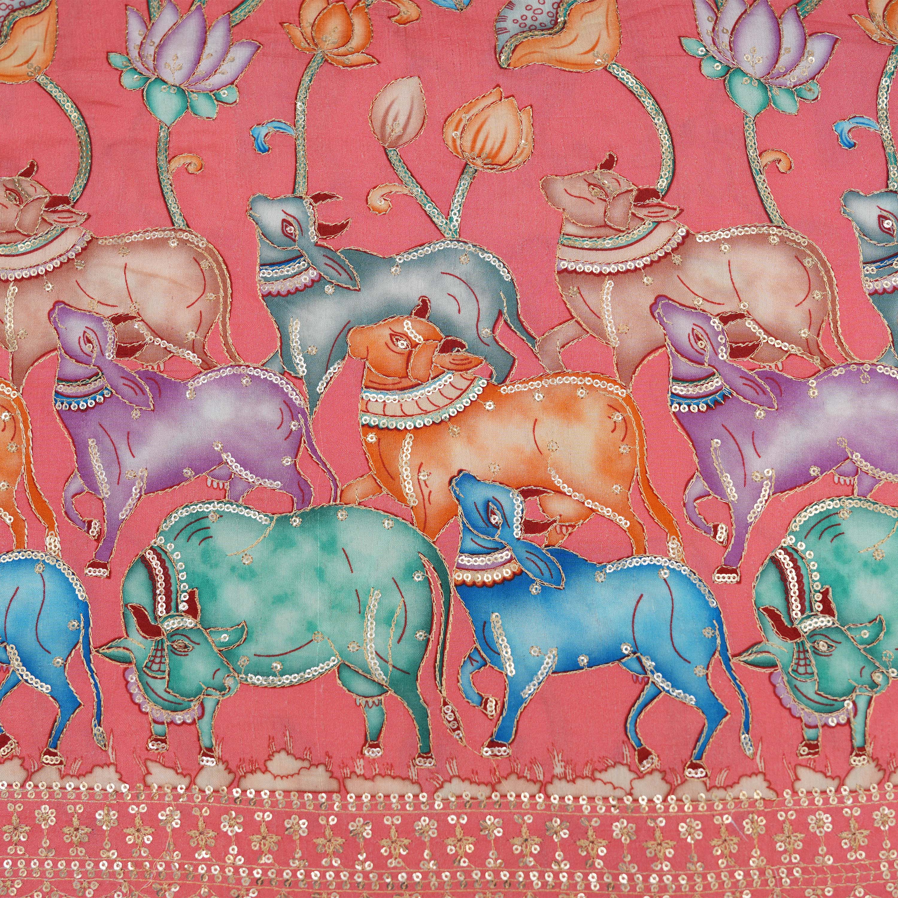 Milk White Colourful Pichwai Work On Printed Silk Fabric