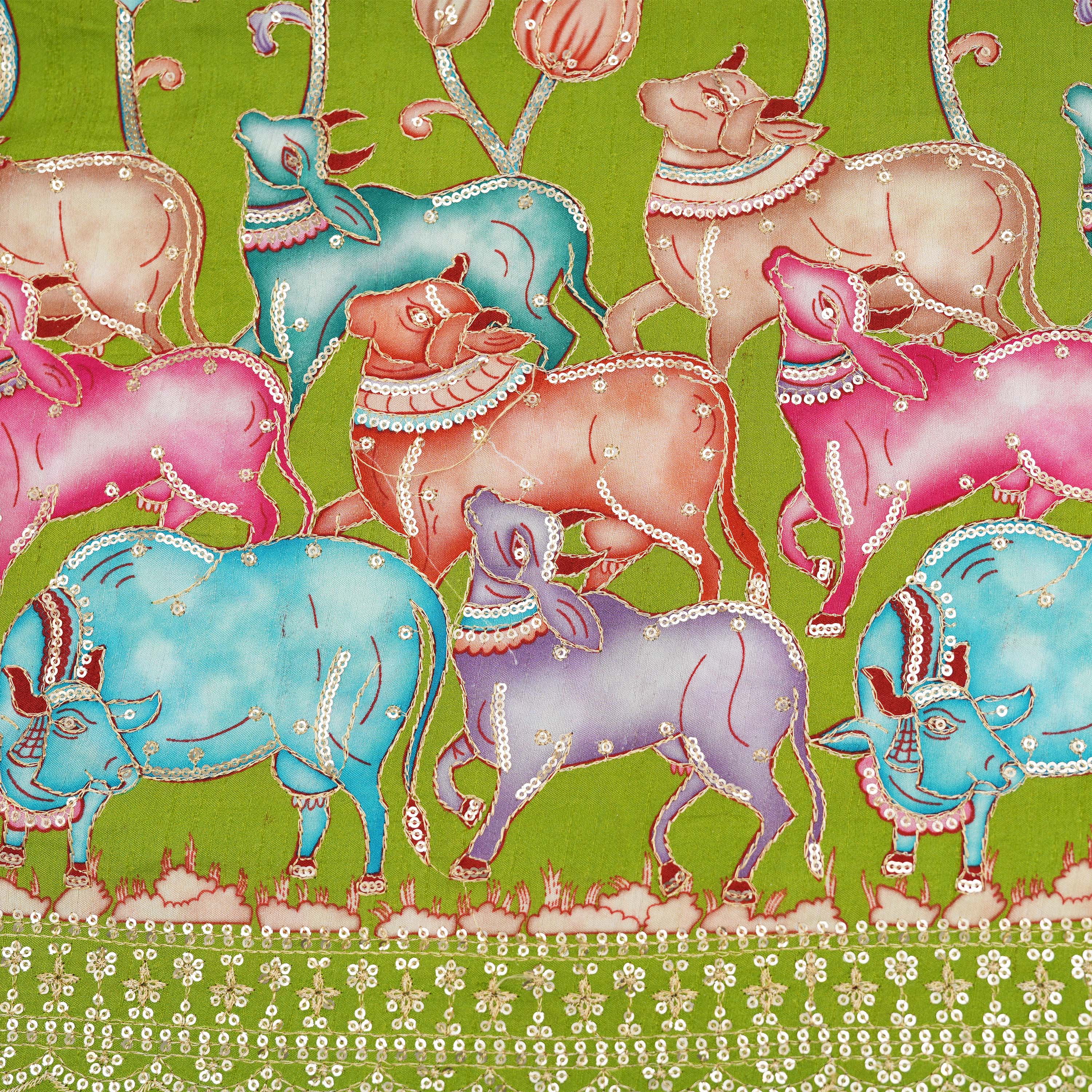 Limerick Green Printed Silk With Pichwai Work Fabric